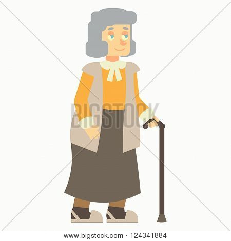 happy elderly, old woman, grandma, grandmother, with cane stick no background