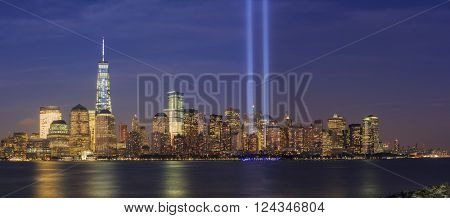 911 Memorial Light And New York City Skyline