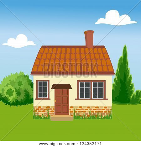 House is built of ecological materials. Family home on a background of nature.  The concept of environmental protection.  All objects are grouped. Vector.