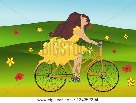 Beautiful young girl riding a bike on flowering spring field . Vector illustration.