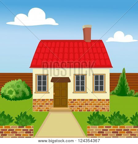 Eco house is built of natural materials. Family home in a natural setting.  The concept of environmental protection.  All objects are grouped. Vector.