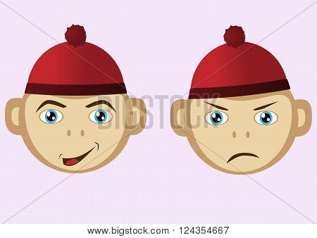 Muzzle sad and funny monkeys in a red cap on a white background.