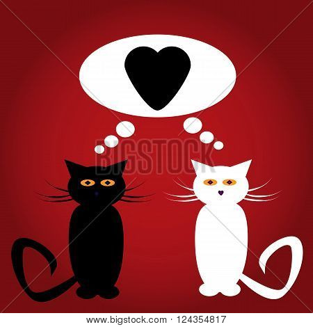 Black and white cat lovers with a heart in a cloud of thoughts on gradient red background