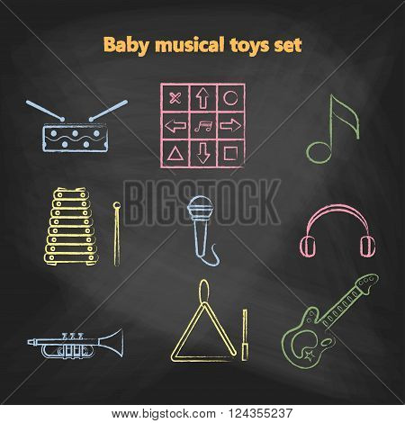 Set of vector chalk icons of musical instrumen. Vector illustration in a chalk line style. Collection vector elements for web design, mobile applications, design flyers, discounts and advertising
