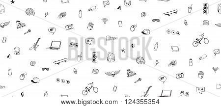 Seamless pattern. Doodles elements for  teenage boy. Monochrome hand drawn icons set sport, music, multimedia, delicious, food, shoes. Design for print on textile, wrapping paper,  Vector illustration