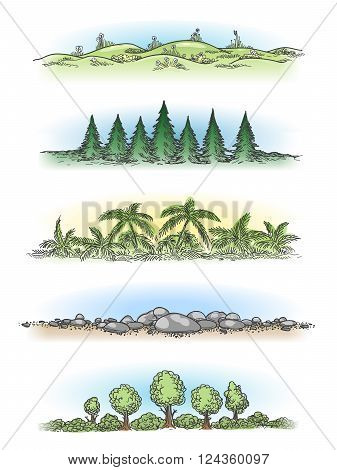 Colorful hand drawn landscapes with trees, hills and rocks. Vector doodle landscapes