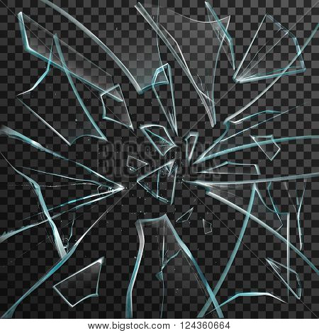 Realistic shards of transparent broken glass on abstract grey and black background vector illustration