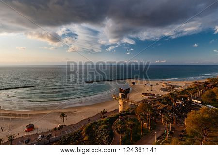 Morning over the Mediterranean beach in Netanya Israel
