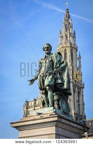 Statue of Rubens on the Groenplaats with the Cathedral of Our Lady on the background, Antwerp, Belgium