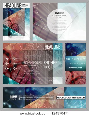Set of business templates for presentation, brochure, flyer or booklet. DNA molecule structure on dark geen background. Science vector background.