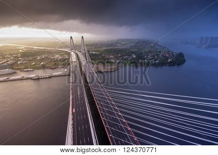 ST. PETERSBURG, RUSSIA - JUL 23, 2014: View from pylon of Big Obukhov Bridge. Total bridge length is 2884 meters