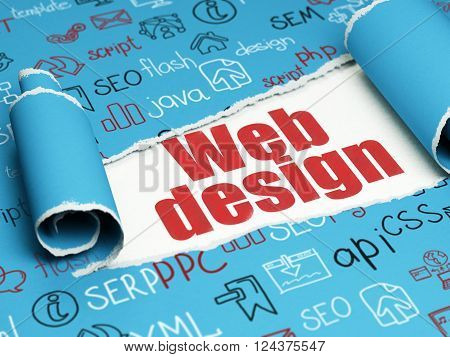 Web development concept: red text Web Design under the piece of  torn paper