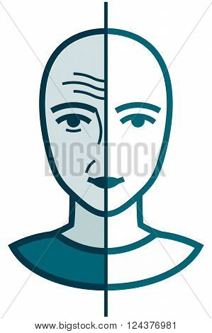 Old and young face. Wrinkled and smooth. Before and after cosmetic treatment vector illustration isolated
