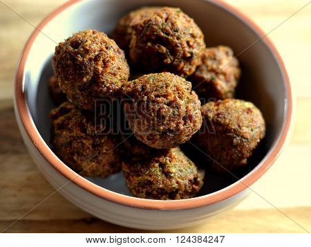 Falafel: falfel balls in a dish, close-up from above.
