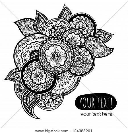 Template of greeting card with Zen-tangle ornament. Composition in mehndi style . Vector illustration.