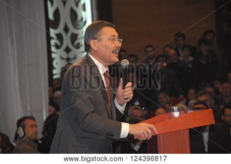ANKARA/TURKEY-FEBRUARY 28, 2014: Turkish politician and Mayor of Ankara Ibrahim Melih Gokcek at the general assebly hall during the cultural event. February 28, 2014-Ankara/Turkey