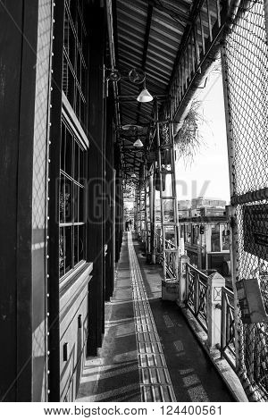 Phra Arthit sidewalk in Bangkok Thailand blank and white image