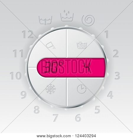 Wash machine control panel with pink lcd showing temperature and program