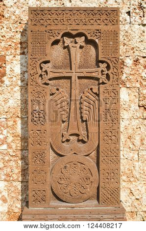 New khachkar (Armenian cross stone) from red tuff Bulgaria Varna