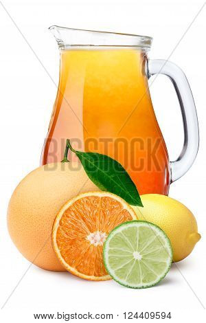 Multifruit citrus juice pitcher or jug with citrus fruits on foreground. Separate clipping paths for pitcher, for whole composite and for shadow. Infinite depth of field