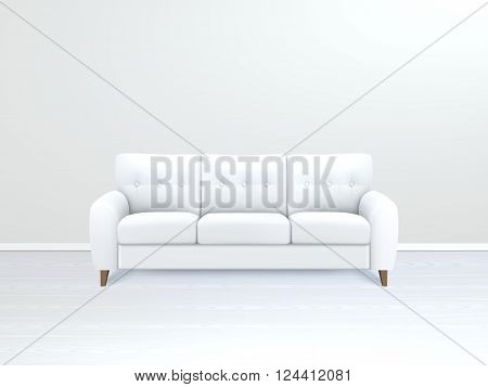 White soft luxury leather sofa in modern apartment salon art gallery or office interior realistic vector illustration