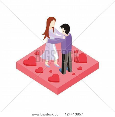 Young love couple dance isometric style design. 3d people romance woman and man dancing on place with heart, love couple  boy and girl isometric design embracing with passion, vector illustration