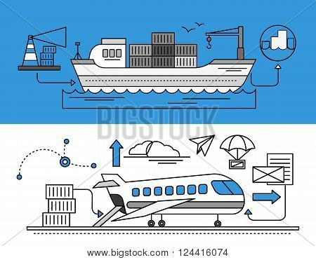 Concept of Freight Forwarding by sea and by air. Transport delivery, shipping import industry, distribution and logistic, export railway transportation. Set of thin, lines, outline flat icons