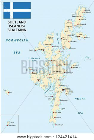 Highly detailed map of the Scottish Shetland islands with flag