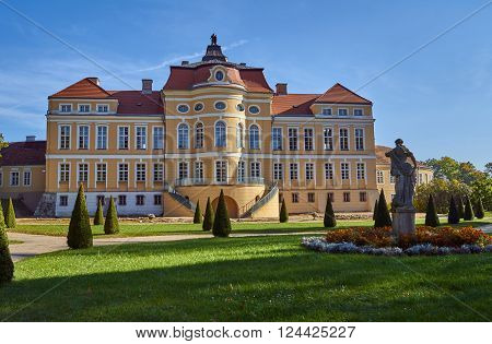 The facade of the baroque palace in Rogalin in Poland
