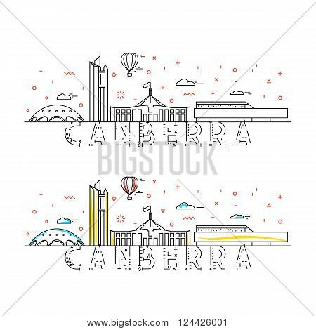Weekend in Canberra. Capital city of Australia. Background with button for the site. Stylized city. Tourist advertising. Advertising template for travel agents.  landing page for the tour operator.