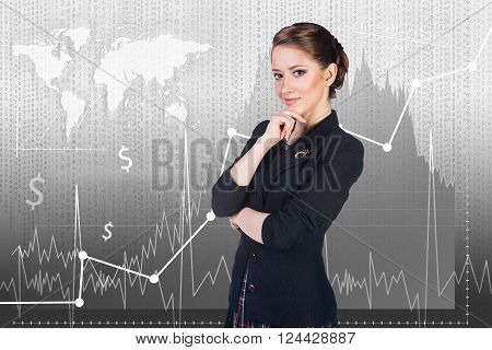 Beautiful woman standing on the trading graph background. Elements of this image furnished by NASA
