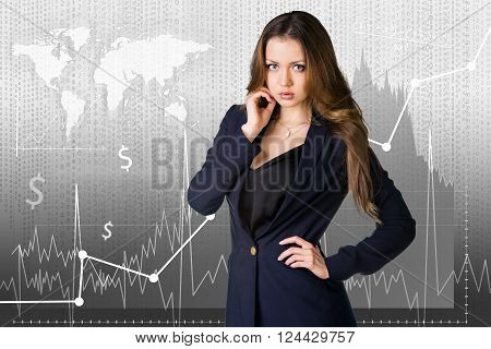 Beautiful woman standing on the trading graph background. Elements of this image furnished by NASA
