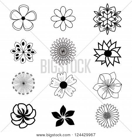 Set of flat flower icons in silhouette isolated on white. Simple designs in black and white. Can be used for gift wrapping paper textiles wallpaper.