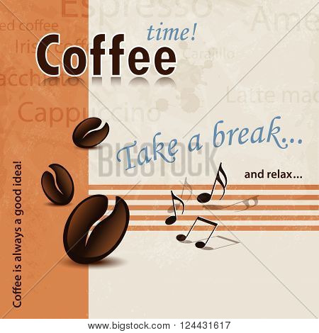 Coffee Break poster 60s with words, coffee beans and music notes