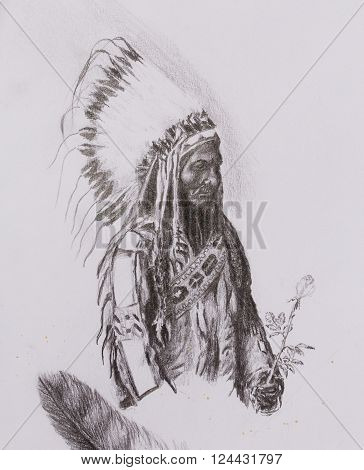 drawing of native american indian foreman Sitting Bull - Totanka Yotanka according historic photography, with beautiful feather headdress, holding rose flower