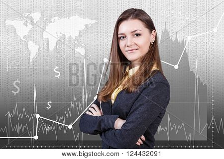Young woman standing on the traiding graph background. Elements of this image furnished by NASA