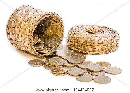 Wicker basket with gold coins as savings