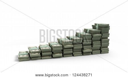 3d render money dollar bills in packs laid out in the form of steps isolated on white background