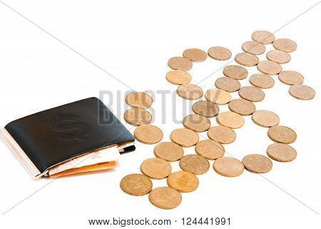 Leather wallet with money with dollar sign isolated