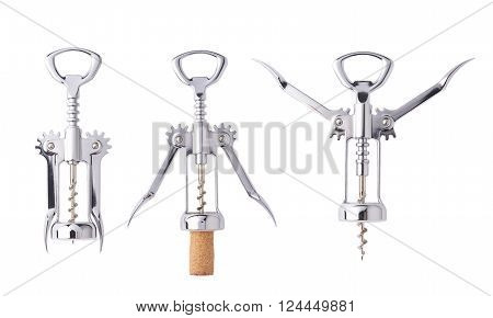 Set of three stages of glossy metal wine bottle opener, images isolated over the white background