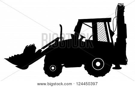 Vector detailed silhouette of bulldozer isolated on white. Vector illustration