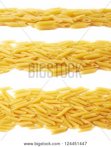 Pile of dried yellow penne pasta lined up in a row, composition isolated over the white background, set of three different image compositions