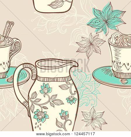 vector seamless pattern with hand drawn coffee cup and milk jug