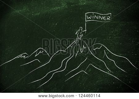 person who reached the top of a mountain holding a Winner banner