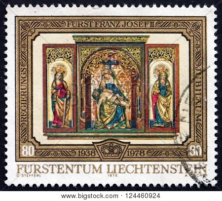 LIECHTENSTEIN - CIRCA 1978: a stamp printed in the Liechtenstein shows Triptych from High Altar Vaduz Castle Chapel circa 1978