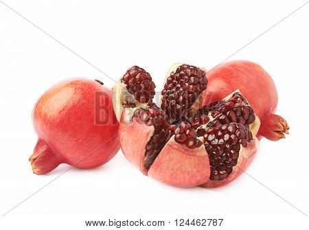 Split open flower served pomegranate Punica granatum fruit composition isolated over the white background