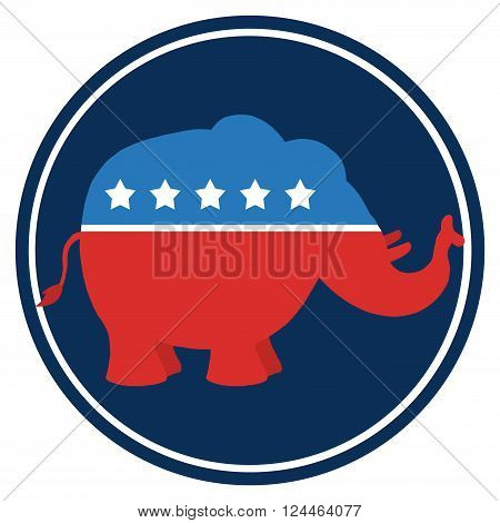 Republican Elephant Cartoon Blue Circle Label. Illustration Flat Design Style Isolated On White