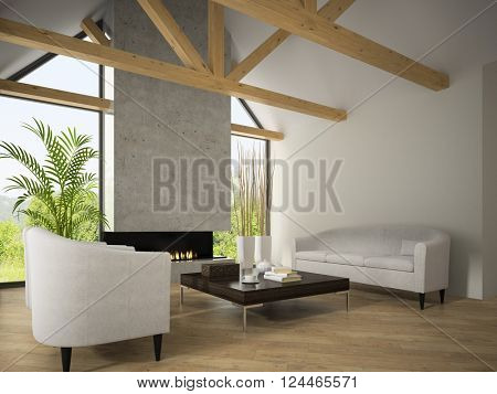 Interior of living room with  armchairs and fireplace 3D rendering