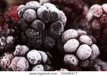 Close up view on frozen Blackberry fruits, food background