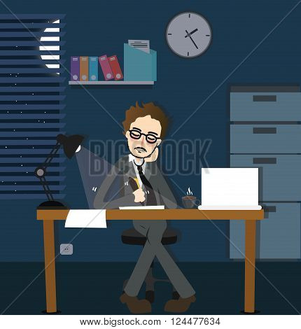 man working late night deadline in office alone dark overtime  sitting desk with lamp vector
